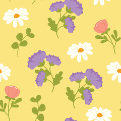 Cute flower seamless pattern background vector. Nature hand drawn tile wallpaper of wildflower, floral, leaf, foliage in pattern. Botanical creative design illustration for fabric, packaging, tiles.