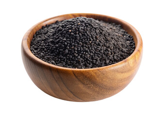 Wooden bowl of black sesame seeds. isolated on transparent background.