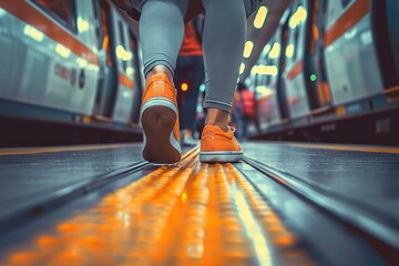 Fototapeta premium Journey of Daily Life Commuter Legs Walking Alongside a Suburban Train, Depicting People’s Routine of Public Transportation Between Home and Work