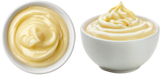 Bowl with white mayonnaise dip, side and top view, food bundle, isolated on a transparent background