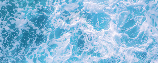 Fototapeta na wymiar White and blue sea foam texture of fun waves. Ocean wave surface panorama with bubbles and gradient colors top view flat lay for copy space by Vita