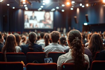 Engaged Audience at a Professional Seminar, Viewing a Large Screen Presentation in a Modern Conference Hall, Business and Education Concept