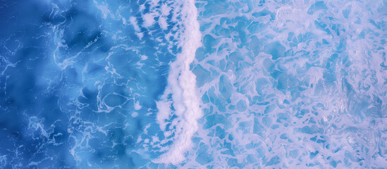Ocean waves texture with blue ripples and white foam. Summer tropical travel panorama , turquoise blue and white surf surface for copy space by Vita for web or mobile - obrazy, fototapety, plakaty