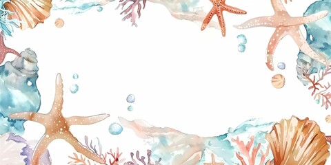 Watercolor sea themed background with seashells and seaweed.