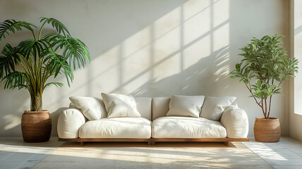 Plush sofa flanked by tropical plants in a bright, minimalist interior with warm sunlight shadows
