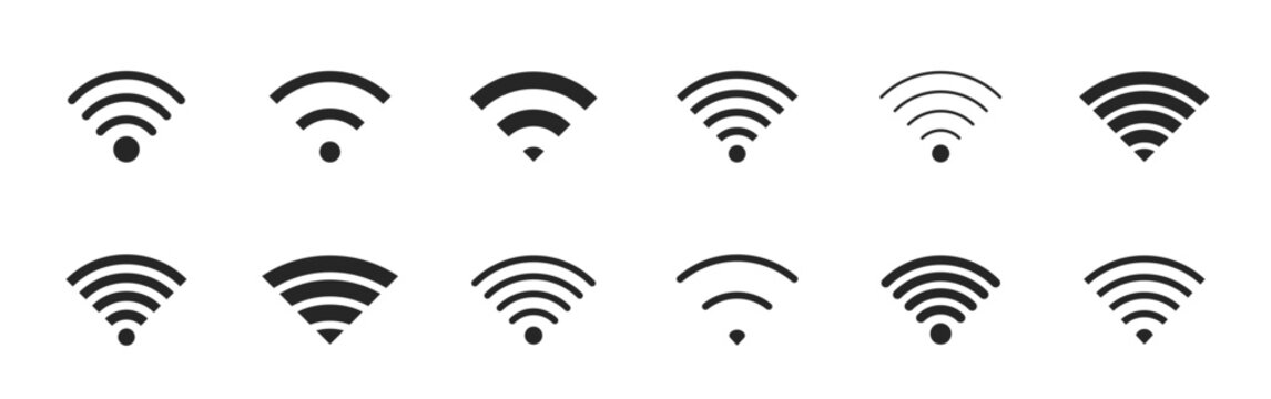 Wi-Fi Icon set symbol. Collection of stock vector images depicting symbols and icons related to wireless Wi-Fi connectivity. Wireless and wifi icon or wi-fi icon sign for remote internet access.