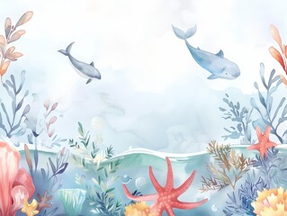 Fototapeta premium Watercolor sea themed background with seashells and seaweed.