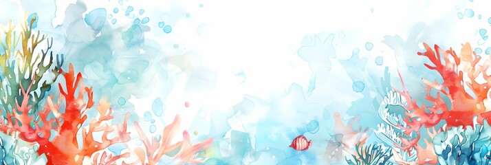 Watercolor sea themed background with seashells and seaweed.
