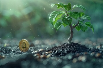An animation of a Bitcoin being planted like a seed in digital soil - obrazy, fototapety, plakaty