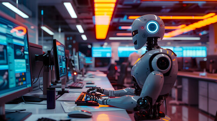Futuristic Robot Analyst in a High-Tech Operations Center