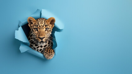 A beautifully detailed leopard's head emerges from a hole in a set of blue papers