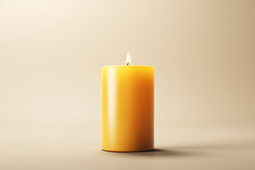 3d rendering of a golden wax candle on a white table.