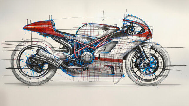 Technical drawing blueprints background, of a concept red motorcycle futuristic detailed superbike, street bike