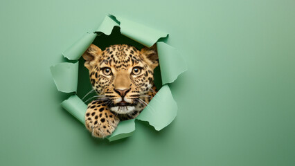 This image captures a leopard’s curious gaze through a round break in the green paper, depicting an intense moment