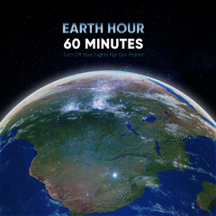 Earth Hour 60 minutes poster campaign. Planet Earth in outer space. Turn off your lights. Climate change and to save Earth