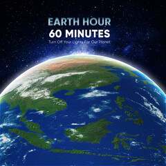 Earth Hour Asia campaign poster. Planet Earth in outer space. Turn off your lights. Climate change and to save Earth