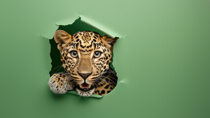 A snarling jaguar's face bursting through a torn green backdrop evokes raw emotion and power
