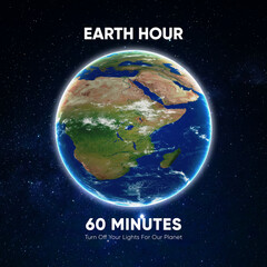 Earth hour poster campaign. Planet Earth in dark outer space. Orbit and surface. Climate change and to save Earth.