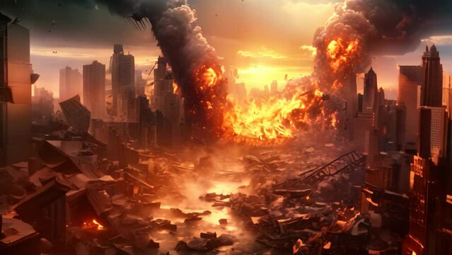 Conceptual image of disaster with burnt buildings and urban landscape, World collapse, doomsday scene, digital painting, AI Generated