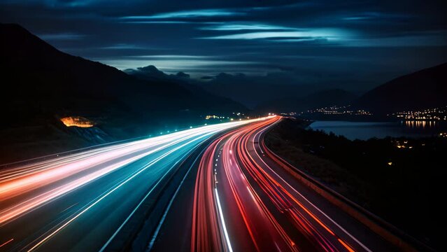 highway with car light trails in modern city at night. long exposure, A long exposure photo of a highway at night, AI Generated