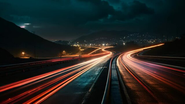 Car light trails on the road at night. Long exposure photo, A long exposure photo of a highway at night, AI Generated