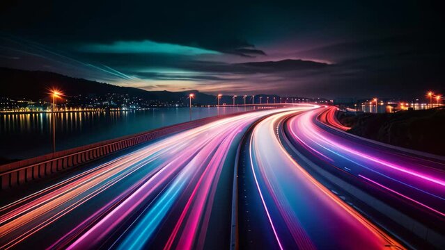 lights of cars with night. long exposure, light trails on the road, A long exposure photo of a highway at night, AI Generated