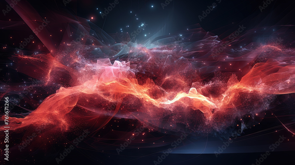 Poster Abstract technology burst with glowing wires and particles in motion. Technology and science dynamic background.