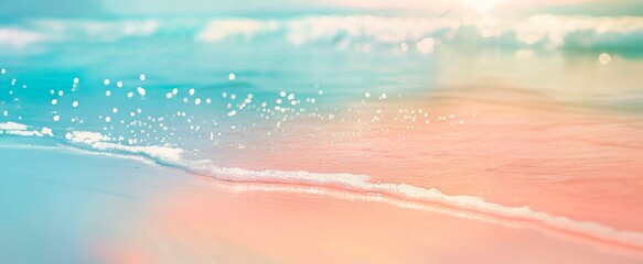 Beautiful summer background with a sandy beach and blue sea water, close up and blurred, copy space concept. Summer vacation banner template design for travel or decoration background - Powered by Adobe