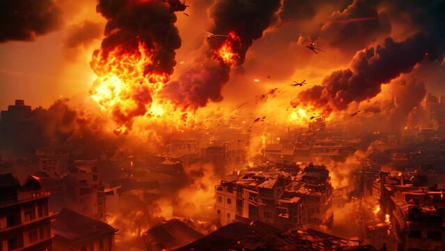 old city in the night time, war, war, ukraine, Airstrike on the city, burning houses, AI Generated