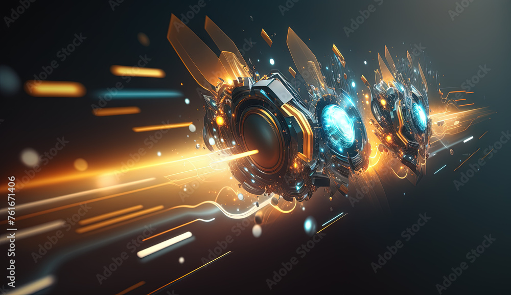 Poster Colorful explosion of sci-fi engine and particles. Technology abstract with scientific device blast.