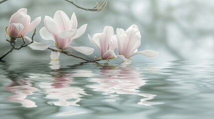 Elegant magnolia blossoms drifting gracefully on the surface of a tranquil pond, their delicate...