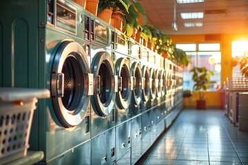 Sunset Glow Illuminates a Neat Row of Modern Washing Machines, Surrounded by Lush Green Plants in a Clean, Bright Urban Laundromat, Depicting Everyday Life and Chores.