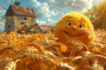A cheerful cartoon sunny character in a field with wheat. 3d illustration - obrazy, fototapety, plakaty