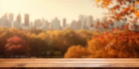Naklejka na ściany i meble The empty wooden table top with blur background of nature skyline in autumn. Exuberant image. generative AI
