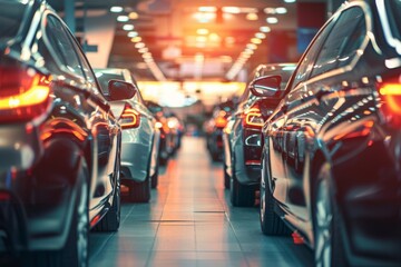 Obraz premium Abstract background of blurred new cars dealership place