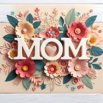 Letrero arte generativa palabra mom decorada con flores al rededor capas de papel