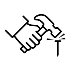 Hammer a nail black line icon. Holding in hand hammer. Construction and repair. Human repairman with working tools. Vector illustration flat design. Isolated on background.
