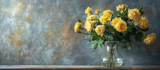 A beautiful flower arrangement of yellow hybrid tea roses is displayed in a vase on a wooden table, enhancing the ambiance of the house