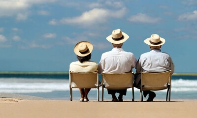 Trois retraités se reposant à la plage - obrazy, fototapety, plakaty