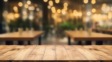 The empty wooden table top with blur background of restaurant. Exuberant image. generative AI