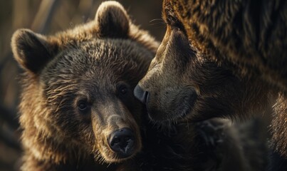 Cinematic photo of a baby bear cub and its mother, in a closeup shot, with a natural background Generative AI