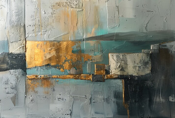 Splashes of bright paint on the canvas.Gold, black, blue and gray colors. Interior painting. Beautiful background. Generative AI.