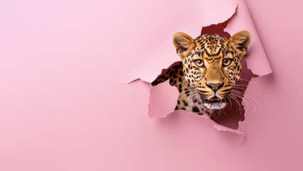Mysterious leopard gaze through an irregular gap in pink paper, evoking sense of wonder