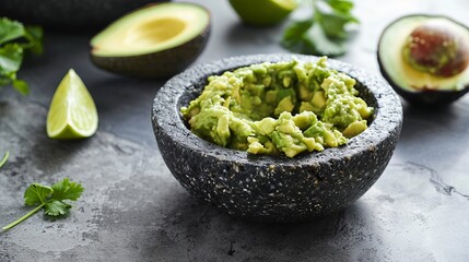 Fresh guacamole in a stone bowl surrounded by ingredients like avocado, lime, and cilantro on a textured surface.