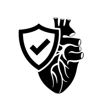 Heart protection is a black icon. Safety human. A shield is a symbol of protection of the human heart. Healthcare concept. Vector illustration flat design. Isolated on a white background.