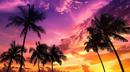 Fototapeta na wymiar Vibrant Summer Sunset Silhouette Palm Trees