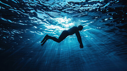 Man falls into the depths of the sea - obrazy, fototapety, plakaty