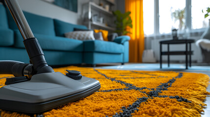 Close-up of vacuum cleaner on yellow rug in modern living room. Home cleaning and interior design concept with copy space - obrazy, fototapety, plakaty