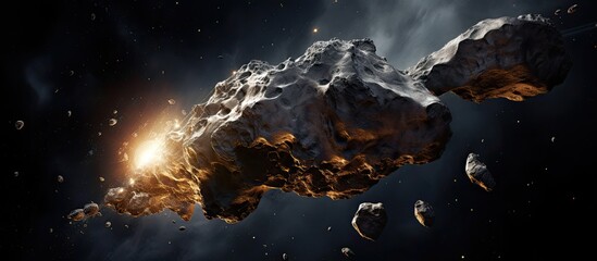 A beautiful artists rendition of an asteroid floating in space, with a dark sky, towering mountains, and fluffy cumulus clouds in the background - obrazy, fototapety, plakaty