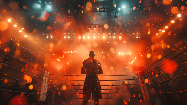 Boxer in ring viewed from behind, ready to fight. Ring Entrance: Capture the dramatic moment as a boxer makes their entrance into the ring, surrounded by lights and cheers from the crowd